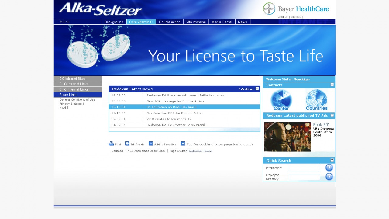 Bildschirmfoto Intranet Bayer Health-Care von Alka-Seltzer