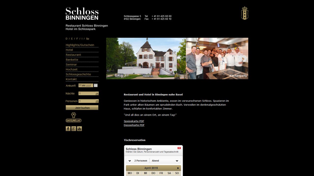 Bildschirmfoto Webdesign L Schloss Binningen – Restaurant und Hotel