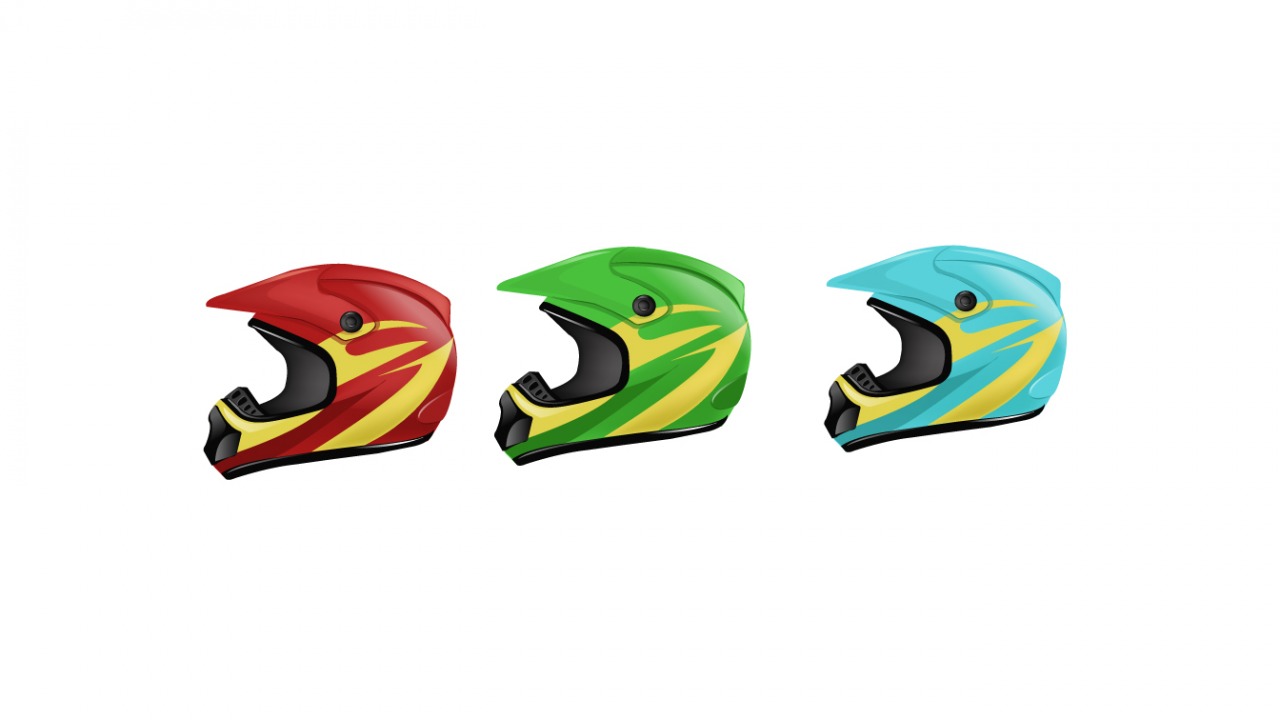 Illustrationen von drei verschiedenfarbigen Helmen