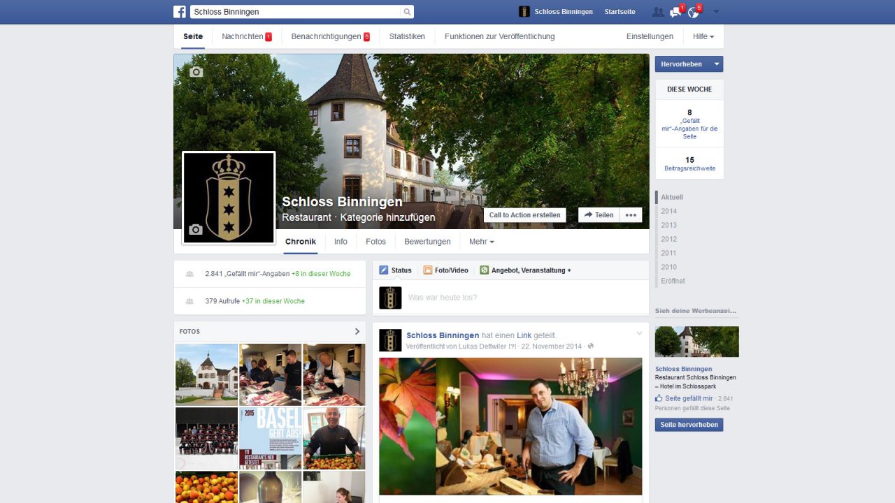 Bildschirmfoto Social Media Plattform Facebook von Schloss Binningen