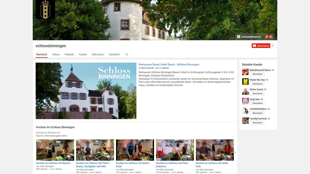 Bildschirmfoto Social Media Plattform YouTube von Schloss Binningen