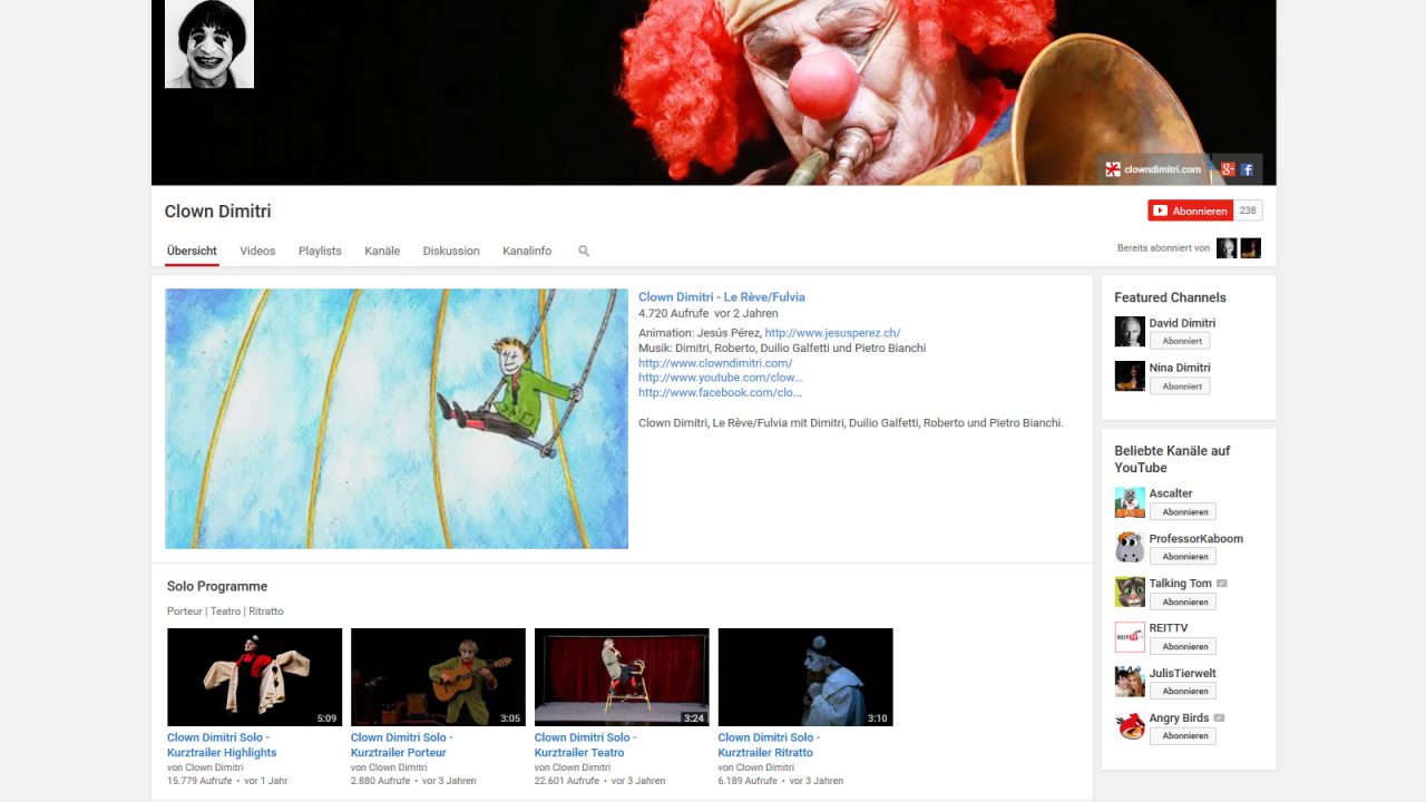 Bildschirmfoto Social Media Plattform YouTube von Clown Dimitri