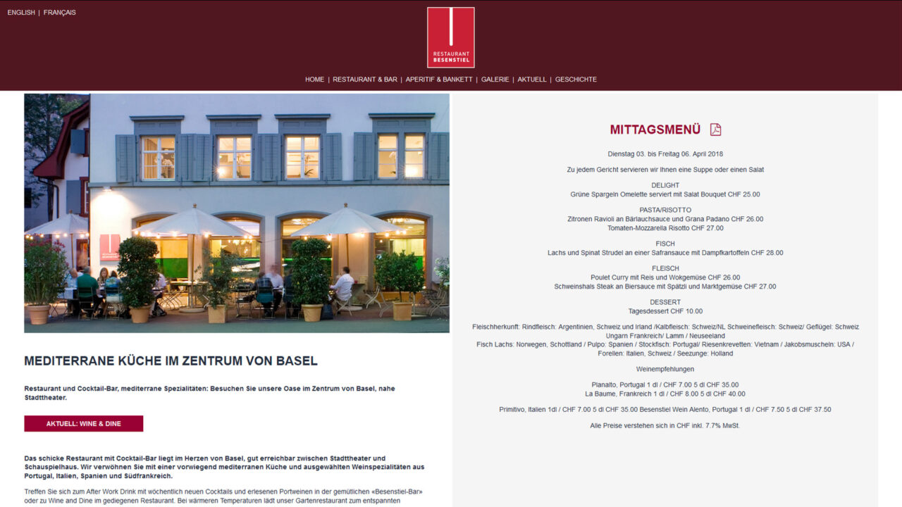 Bildschirmfoto Webdesign M Besenstiel Restaurant-Website Einstiegsseite