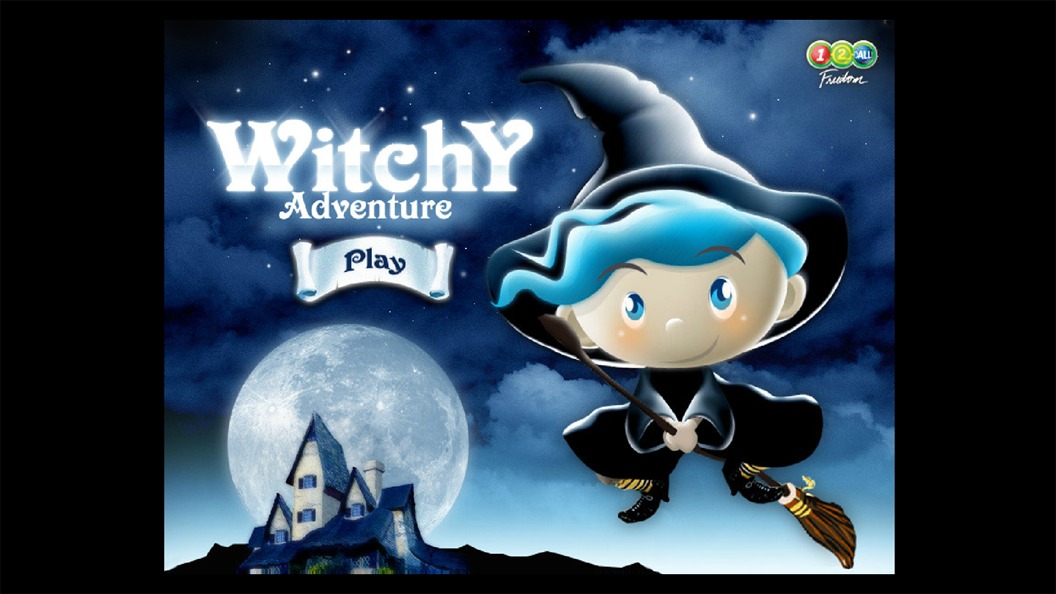Screenshot des Games «Witchy» – Hexe mit Besen, im Hintergrund Vollmond und Geisterhaus