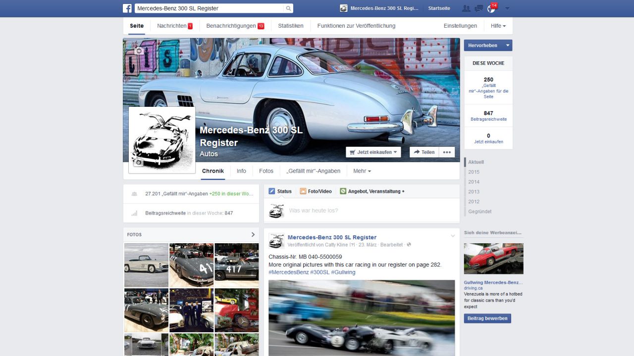 Bildschirmfoto Social Media Plattform Facebook von Mercedes-Benz 300SL Register
