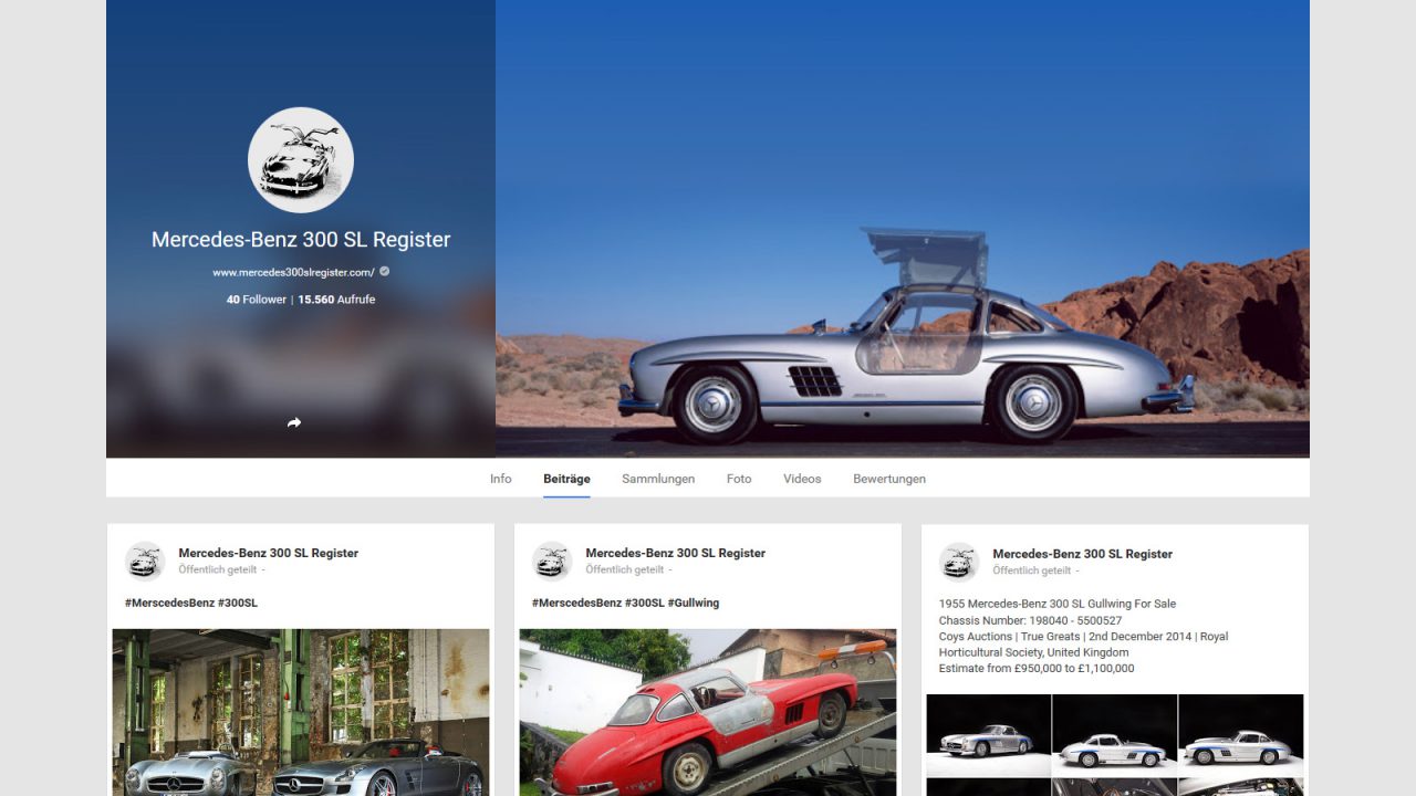 Bildschirmfoto Social Media Plattform Google+ von Mercedes-Benz 300SL Register