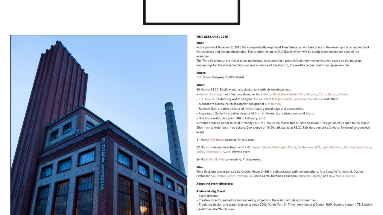 Bildschirmfoto Webdesign S Time Sessions – Event-Website Warteck-Gebäude