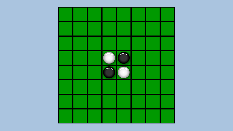 Screenshot des Spiels «Othello» – Zwei schwarze und weisse Punkte und leere Felder welche besetzt werden sollen